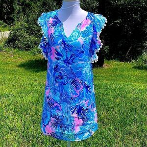 Lilly Pulitzer Astara Saltwater Blue Shade Seekers Linen Mini Pom Pom Trim NWT
